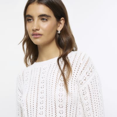 Cream crochet crop jumper River Island