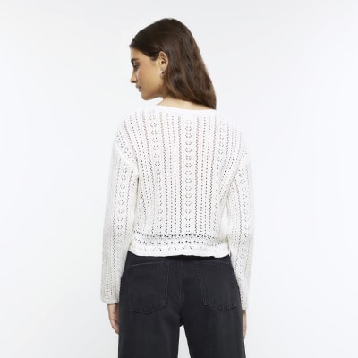 Cream crochet crop jumper River Island