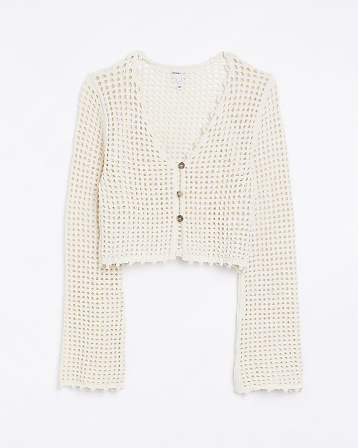 Cream crochet crop long sleeve top