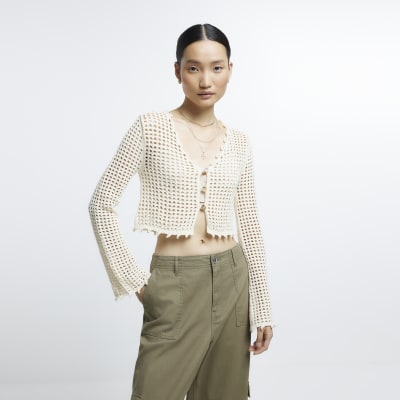 Cream crochet crop long sleeve top River Island