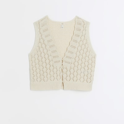 Cream crochet crop waistcoat River Island