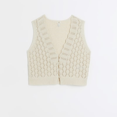 Cream crochet crop waistcoat | River Island