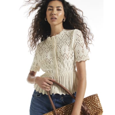 Crochet Knit Style Peplum Hem Polo Top
