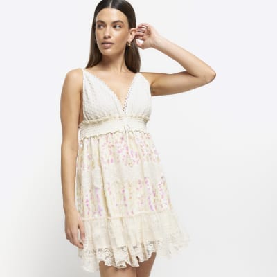 Cream crochet sequin beach mini dress River Island