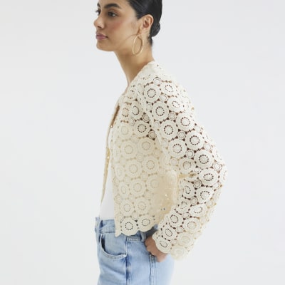 Cream Crochet Short Jacket River Island