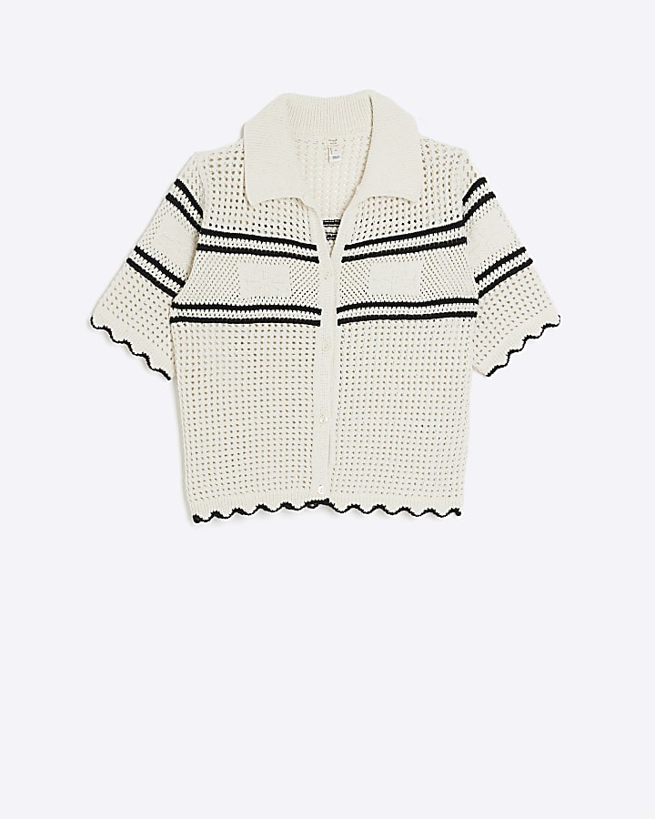 Cream crochet stripe polo top