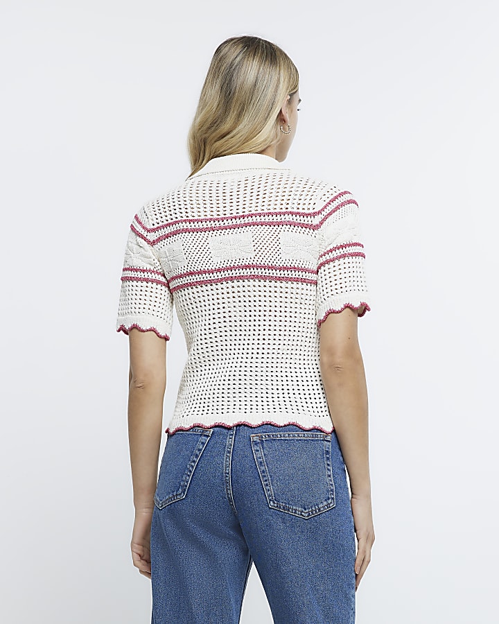 Cream crochet striped polo t-shirt