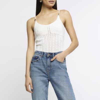 Cream crochet vest top River Island