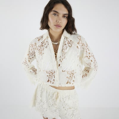 Cream Cutwork Sequin Beach Shirt