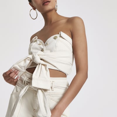 Cream denim bandeau tie sleeve