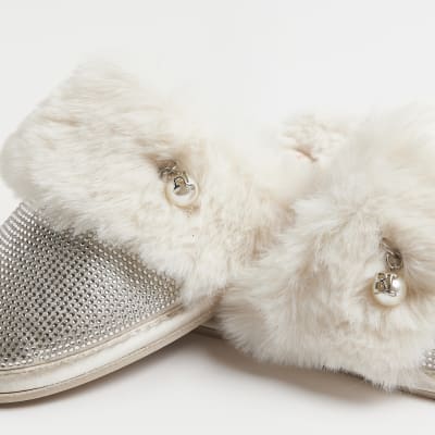 Cream diamante faux fur slippers River Island