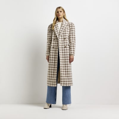 Cream dogtooth wool longline coat | River Island