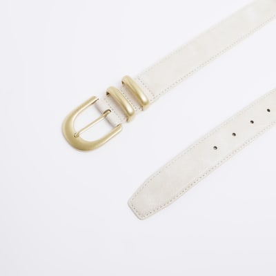 Cream double buckle belt River Island