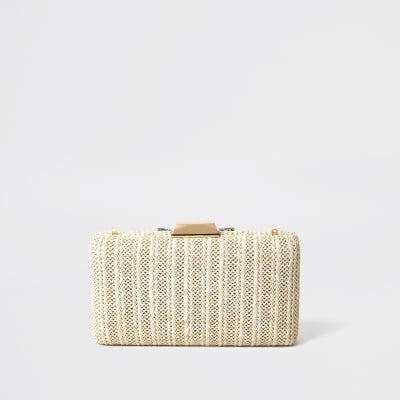 Cream embellished box clutch handbag