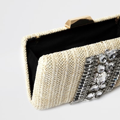 Cream embellished box clutch handbag