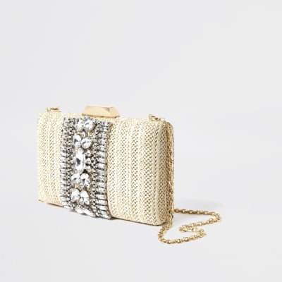 Cream embellished box clutch handbag