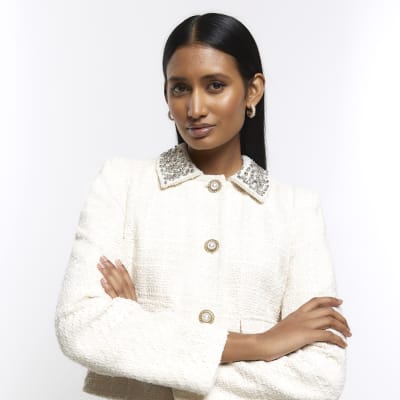 Cream embellished collar crop jacket River Island