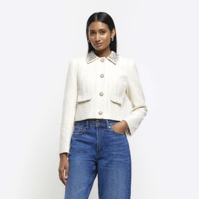 Cream embellished collar crop jacket River Island