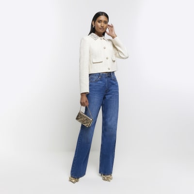Cream embellished collar crop jacket River Island