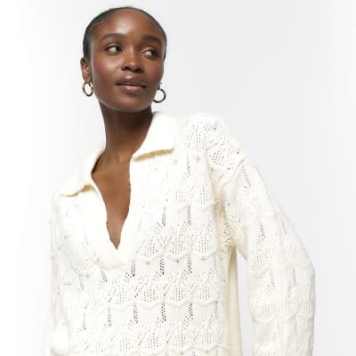 Cream embellished crochet jumper River Island