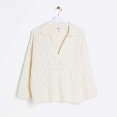 Cream embellished crochet jumper River Island