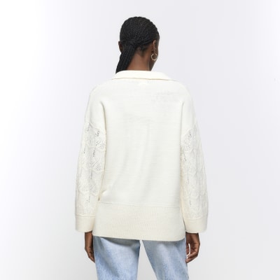 Cream embellished crochet jumper River Island