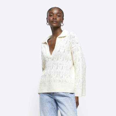 Cream embellished crochet jumper River Island