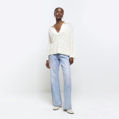 Cream embellished crochet jumper River Island