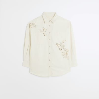 Cream embellished denim shirt | River Island