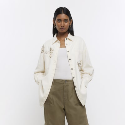 Cream embellished denim shirt River Island