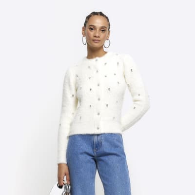 Cream embellished fluffy cardigan River Island