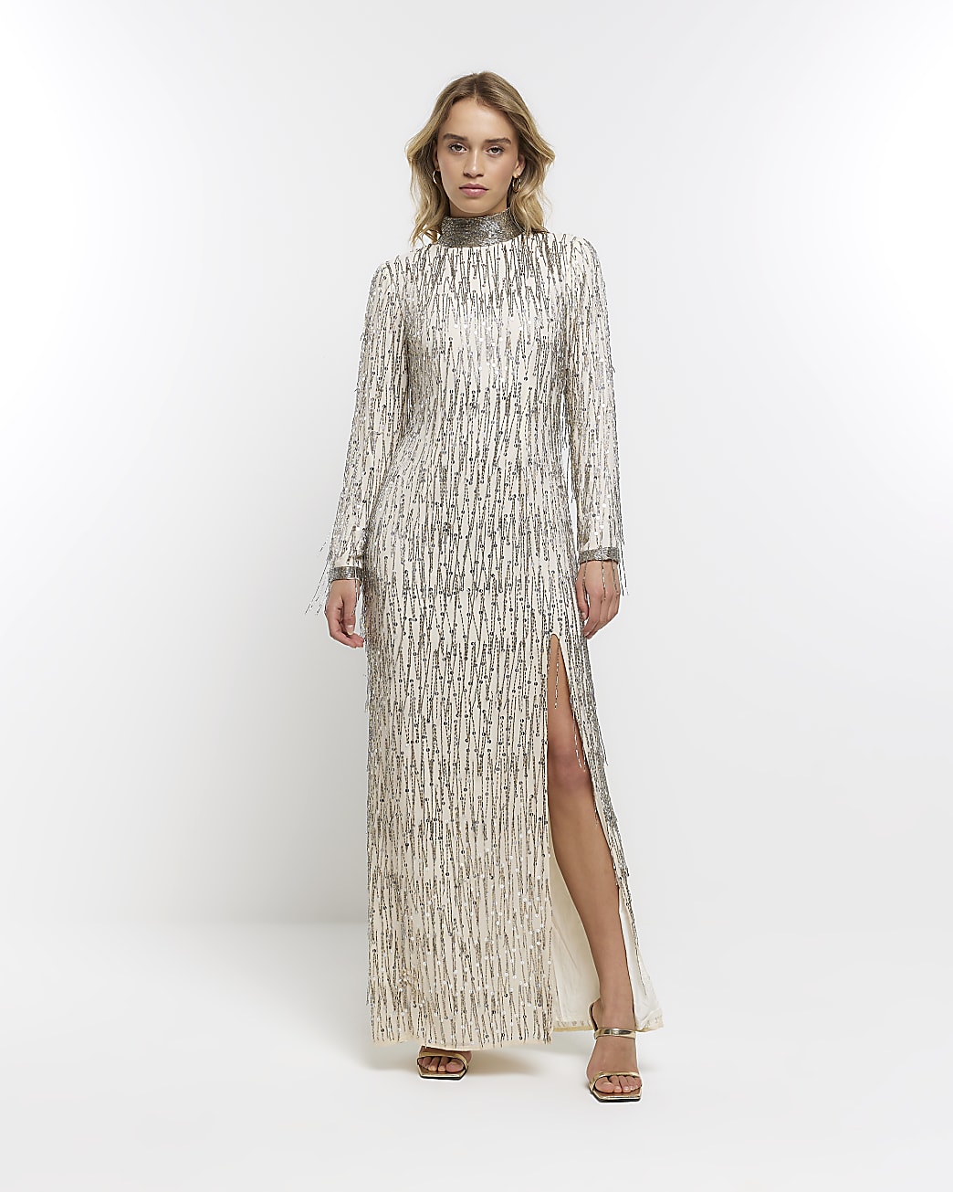 riverisland.com | Cream Embellished Long Sleeve Maxi Dress