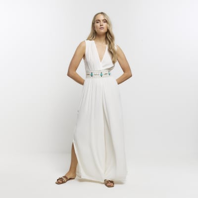Cream embellished plunge jumpsuit River Island