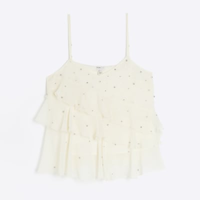Cream Embellished Ruffle Cami River Island