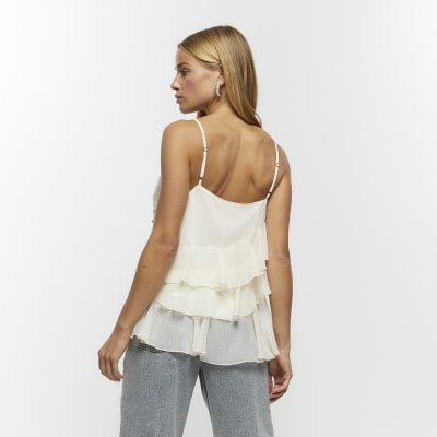 Cream Embellished Ruffle Cami River Island