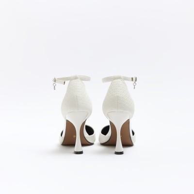 Cream embossed heeled court shoes River Island