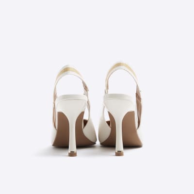 Cream embossed heeled court shoes River Island