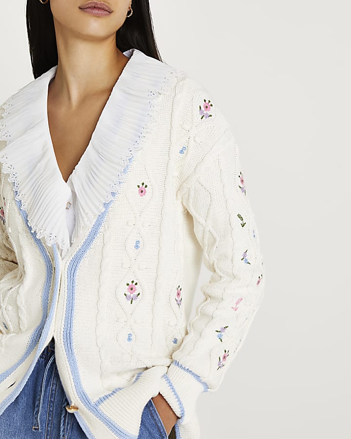 Cream embroidered cable knit cardigan | River Island