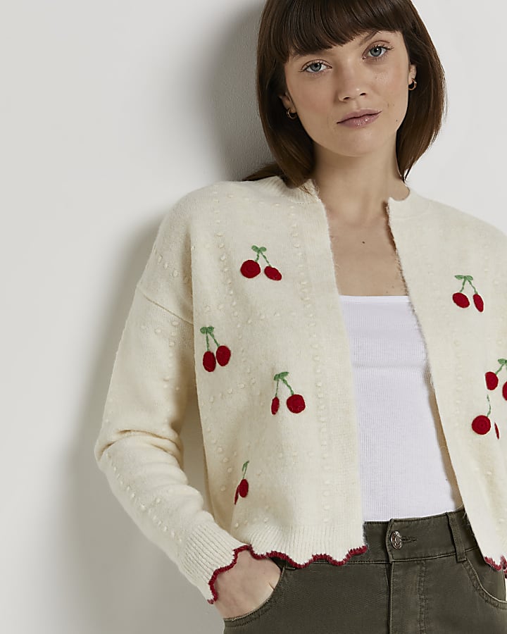 Cream embroidered cherry cardigan