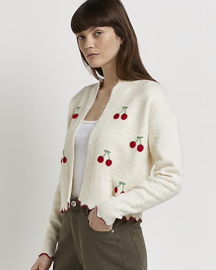 Cream embroidered cherry cardigan
