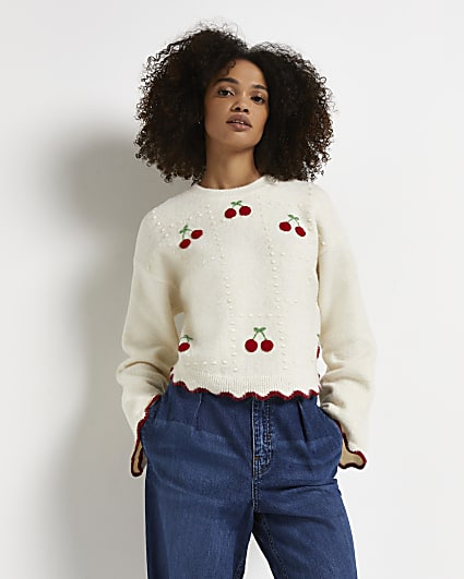 Cream embroidered cherry jumper
