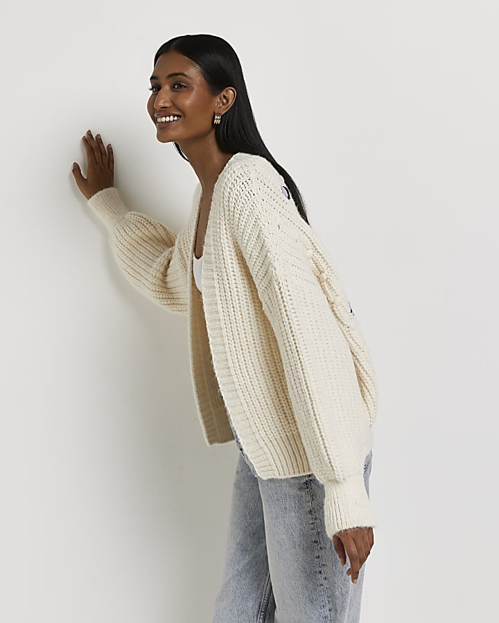 Cream embroidered chunky knit cardigan