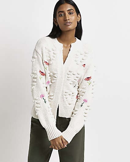 Cream embroidered chunky knit cardigan