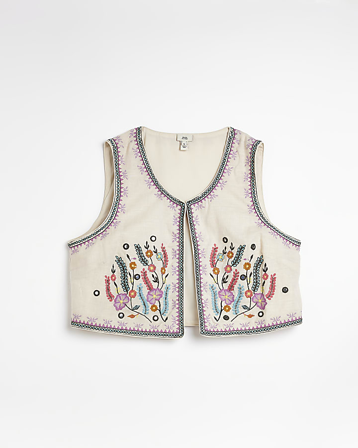 Cream embroidered crop waistcoat