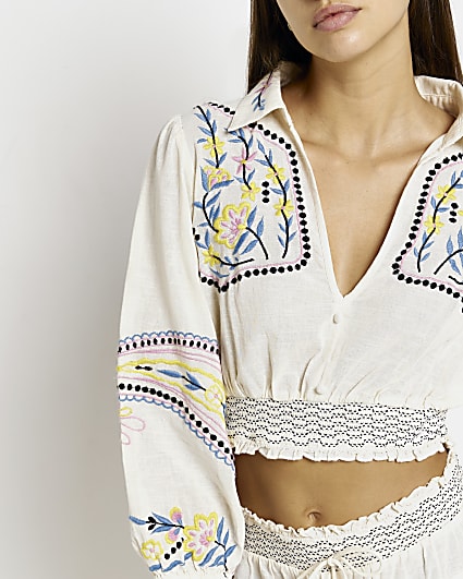 Cream embroidered cropped top