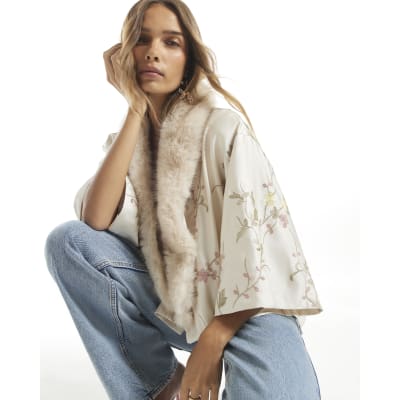 Cream Embroidered Faux Fur Kimono