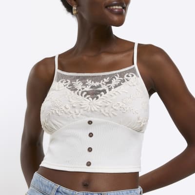 Cream embroidered floral cami top