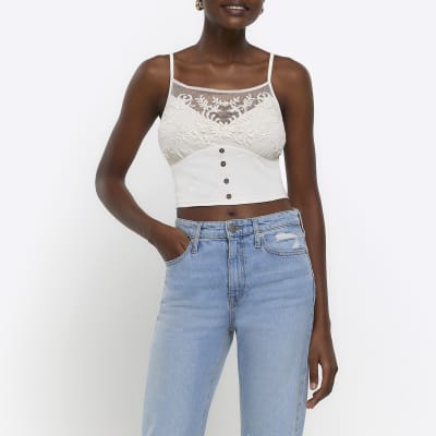Cream embroidered floral cami top River Island