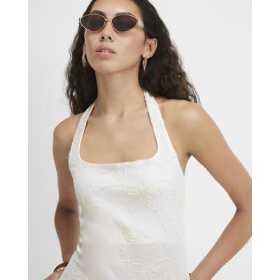 Embroidered Floral Halter Neck Top