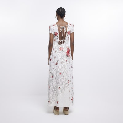 Cream embroidered floral smock maxi dress